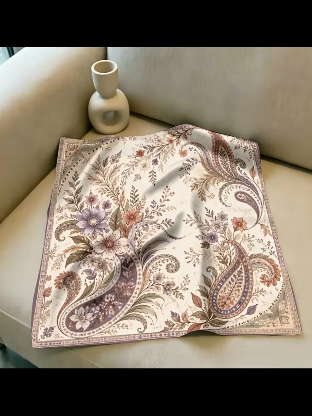 Floral Paisley Silk-Feel Scarf in Cream and Lavender 19”